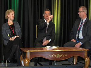 Former Denver Mayor Federico Pena (center) takes part in financing keynote session with Mary McBride, CoBank, and Tim Croissant, Bank of Colorado.